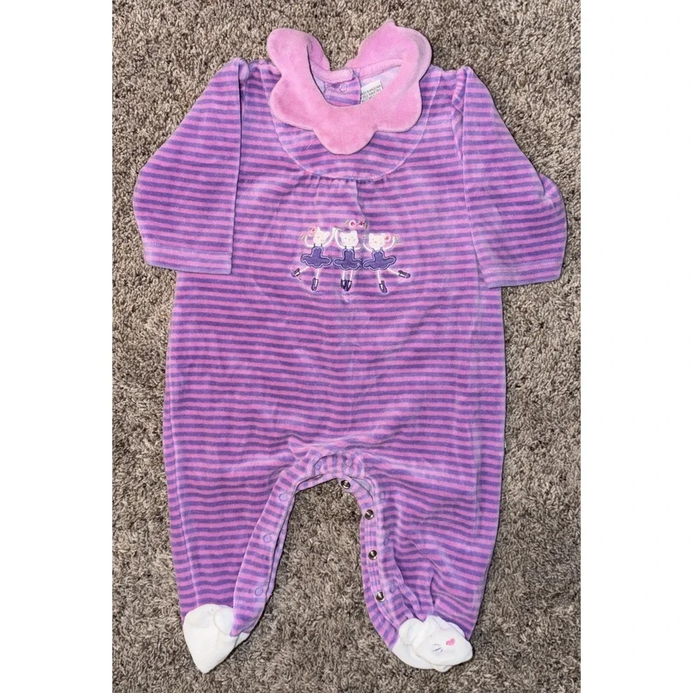 Le Top Baby Girl 3M Pink Purple Stripe Velour Footed Romper Ballerina Cats Vtg‎